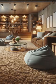 a living room filled with lots of furniture and bookshelves next to a fire place