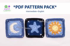 three crocheted square coasters with sun and moon on them