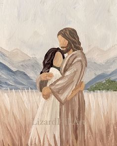 a painting of jesus hugging a woman in a wheat field with mountains in the background