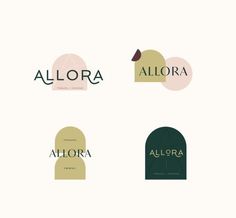 four different logos for allora, including an umbrella and the word alora on it