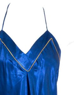 "Vintage 90s navy blue satin slip dress with a gold trimmed V neckline and a halter neck. Mini length with small slits on the thigh. DETAILS Best fits: Tag size unknown will fit a M Condition: Very good vintage Material: Polyester satin Tag: Sabrina by Mervyn MEASUREMENTS All measurements are taken seam to seam whilst item is lying flat. Waist measurements should be doubled over. Shoulder to hem 33\" Underarm to underarm 20\" Waist 20\" Hips 25" Angeles, Mini Satin Slip Dress, Slip Dress Lingerie, 90s Slip Dress, Dress Halter Neck, Satin Nightgown, White Lace Mini Dress, Floral Lingerie, Dress Lingerie