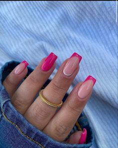 Pink Tipped Acrylic Nails, One Finger French Tip, Short Coffin Pink French Tip Nails, Pink With Pink French Tip, Cute February Nails Pink, French Tip Bright Colors, French Tip And Solid Nails Combo, Dark Pink Tip Nails, Coffin Nails Pink French Tip