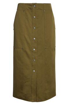 Classic utilitarian style defines a cotton-twill pencil skirt that's a versatile closet staple. 34 1/2" length Front button closure Front slant pockets; back welt pockets 100% cotton Dry clean Imported Khaki Cotton Utility Skirt, Olive Tapered-leg Cotton Bottoms, Knee-length Utility Cargo Skirt With Pockets, High-waisted Green Cotton Cargo Skirt, Medium Wash Button-up Cotton Skirt, Utilitarian Style, Closet Staples, Olive Green, Cotton Twill