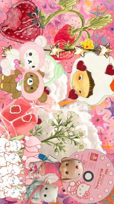 an assortment of teddy bears and other stickers on a pink background with white clouds