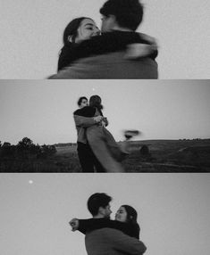 two people hugging each other in the middle of three different pictures, one is holding another person