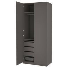 an open gray cabinet with drawers on both sides