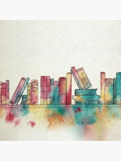 watercolor painting of books stacked on top of each other in front of a white wall