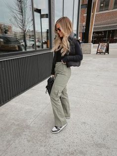 Womens 2023 Fall Outfits, Puffer Vest With Cargo Pants, Women’s Style Fall 2023, Fall Woman Outfits, Work Outfits Women Casual Sneakers, Cargo Pants Styles For Women, Puffer Vest And Cargo Pants Outfit, Womens Cute Winter Outfits, Womens Fall Style 2023