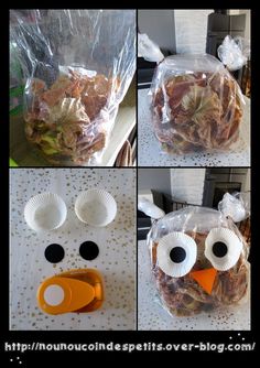 four pictures showing different ways to make an owl made out of paper plates and plastic cups