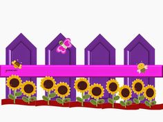 the sunflowers are growing out of the ground in front of a purple fence