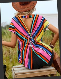 + Multicolor Casual Collar Short Sleeve Woven Fabric Colorblock...iped Top Embellished Non-Stretch Women Clothing, Summer Outfits Curvy, Modest Summer Outfits, Curvy Outfits, Batwing Sleeve, Summer Outfits Women, Outfits Aesthetic, Stripe Print, Woven Fabric, Women Clothing