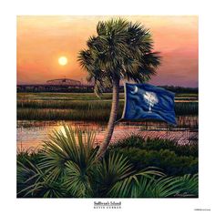 a painting of a blue flag on a palm tree in front of a body of water