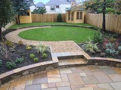 a backyard with a stone patio and green grass