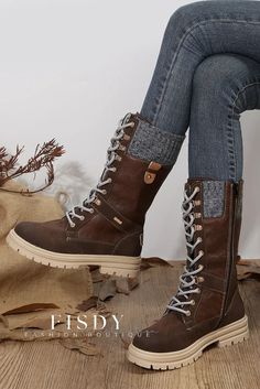 Fisdy - Elegantes botas de piel con cordones de punto patchwork rojo rubí Lace Up Leather Boots, Knit Patchwork, Wool Knit, Motorcycle Boots, Patchwork Designs, Casual Boots, Leather Material, Mid Calf, Trekking