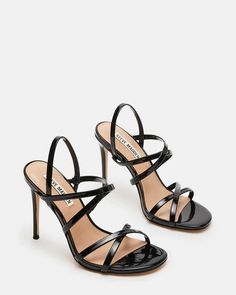 TYLAH Black Patent Slingback Strappy Heel | Women's Heels – Steve Madden Dressy Black Shoes For Women, Snicker Shoes, Kitten Heel Slingbacks, Woman Heels, France Outfits, Heels Steve Madden, Heels Aesthetic, Strappy High Heels, Black Strappy Heels