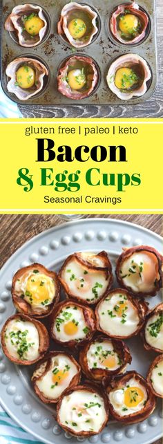 bacon and egg cups on a plate next to a muffin tin filled with eggs