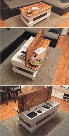 the coffee table is made out of pallet wood