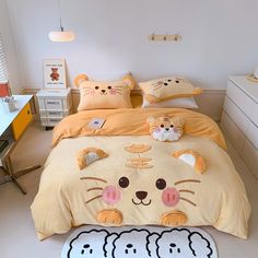 a bed with two teddy bears on it