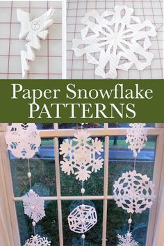 paper snowflake patterns hanging from a window sill with text overlay that says paper snowflake patterns