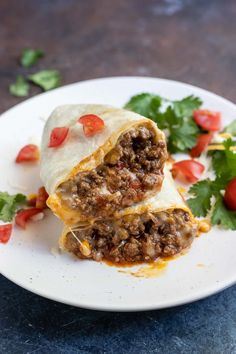 two burritos on a plate with tomatoes and cilantro