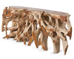 a wooden bench made out of drift wood