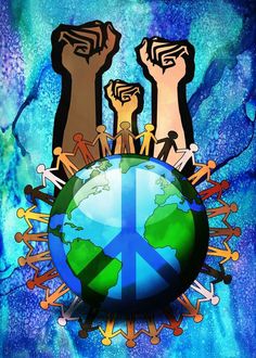 an image of people holding hands around the earth with peace signs on it and blue background