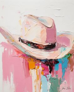 a painting of a cowboy hat on a white background with pink, blue and green colors