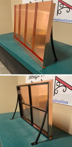 two pictures showing the different angles of an open window, one with a metal frame