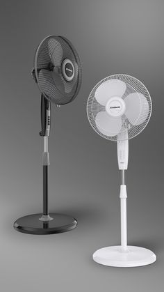 two different types of fans are shown on a gray and white background, one is black and the other is white