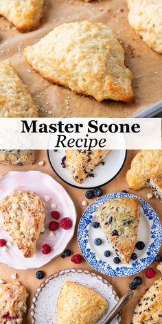 blueberry scone recipe on a baking sheet with berries and other desserts in the background