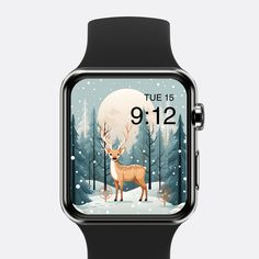 an apple watch with the image of a deer on it's face and trees in the background