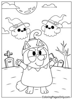 a coloring page for halloween with a cat in the cemetery and two pumpkins behind it