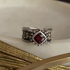 Breathtaking Barbara Bixby 925 Ss Ring And 18k Gold Flower With A Vibrant Large Garnet Center Stone And Intricate Detail Size 7 Garnet Ring, 7 Rings, Ring Color, Gold Flower, Garnet Rings, 925 Jewelry, Gold Flowers, Womens Jewelry Rings, Garnet