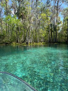 the water is crystal blue and clear with trees in the backgrouds on either side