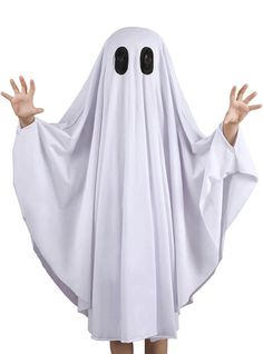 a person dressed in a ghost costume with hands out to the side and eyes closed