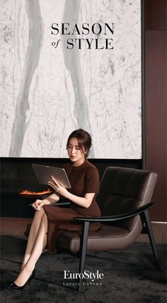 a woman sitting in a chair with a laptop on her lap and the words season of style