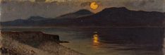 an oil painting of the moon setting over water with mountains in the background and clouds