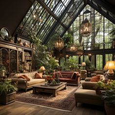 a living room filled with lots of furniture and plants on top of wooden flooring