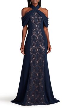 Tadashi Shoji Lace Inset Cold-Shoulder Gown | Nordstrom Nude Gown, Cold Shoulder Gown, Swimsuit Cover Up Dress, Tadashi Shoji Dresses, Sheath Gown, Halter Gown, Alencon Lace, Long Sleeve Gown, Corded Lace