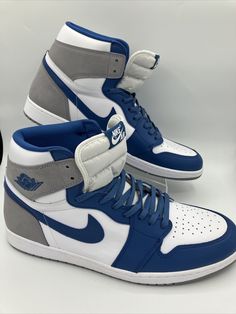 No box. The number 90 written on bottom soles of shoes seen in photos. Jordan 1 Air Mid, Shoes Sneakers Jordans Nike, Outfits With Retro Sneakers, Blue Sneakers With Rubber Heel Cap For Sports, Blue High-top Sneakers With Rubber Heel Cap, Blue Sneakers With Rubber Heel Cap, Blue Jordans Aesthetic, Jordan 1 Colorways, Sneakers Fashion Women's