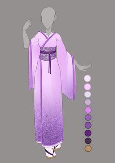 an animation character wearing a purple and black kimono, standing in front of color swatches