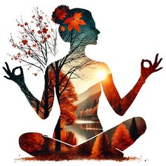 a woman is sitting in the lotus position with autumn leaves on her head and body