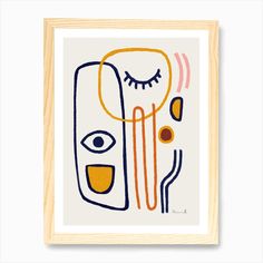 an abstract painting with blue, orange and yellow lines on it's face in a wooden frame