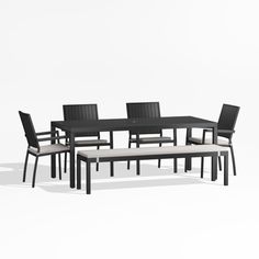 a black table with four chairs and a bench in front of it on a white background