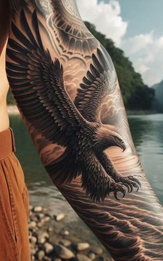 #fashion, #style, #outfitinspiration, #beauty Inner Bicep Eagle Tattoo Men, Eagle And Wolf Tattoo Design, Realistic Tattoos Men, Hawk Arm Tattoo, Eagle With Clock Tattoo, Viking Eagle Tattoo, Eagle Tattoo Realistic, Eagle Leg Tattoo Men, Native Tattoos Men