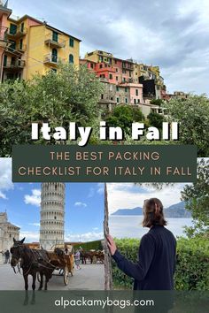 a woman standing in front of a tall tower with text overlay that reads italy in fall the best packing checklist for italy in fall