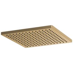 a gold metal shelf with holes on the bottom and one hole in the middle, against a white background