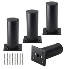 three black metal posts with screws and bolts