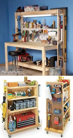 this is an image of a workbench with lots of tools and supplies on it