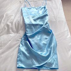 Satin, Never Worn, Nwot Satin Blue Dress Short, Blue Sheath Mini Dress For Summer, Blue Sheath Mini Dress For Date Night, Short Light Blue Dress, Lucy In The Sky Dress, Blue Dresses For Women, Sky Blue Dress, Dance Ideas, Winter Formal Dresses